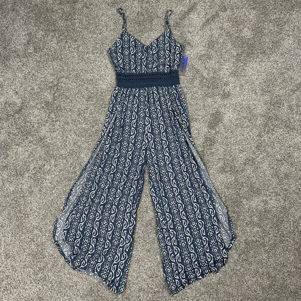 Derek Heart Jumpsuit Womens L Blue Geometric Crochet Waist Wide Leg NEW